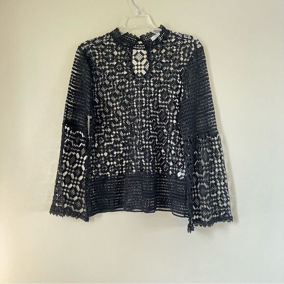 Honey & T Black Crochet High Collar Bell Sleeve Whimsy Goth Boho Blouse Top SZ L - Picture 4 of 15